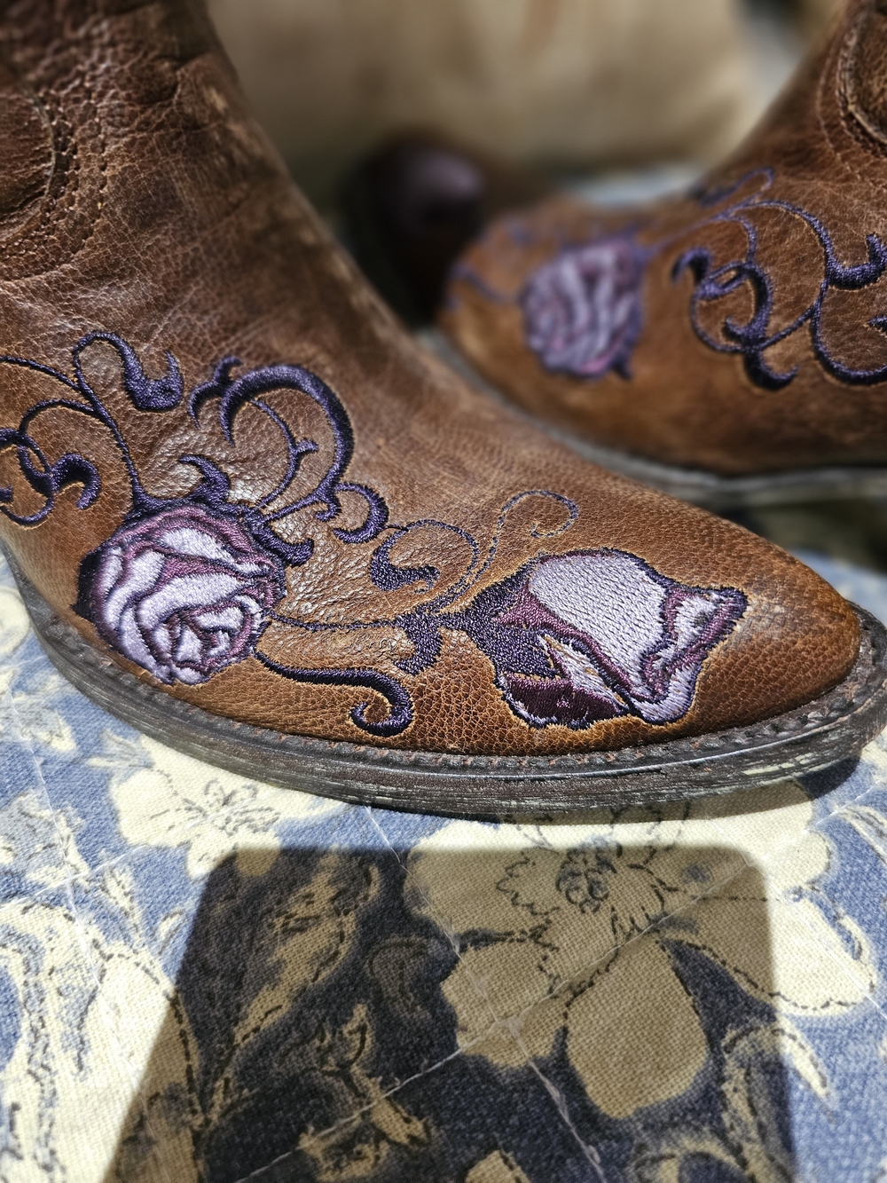 Old Gringo Brown Leather Cowboy Boots with Purple Floral Embroidery - Picture 3 of 10
